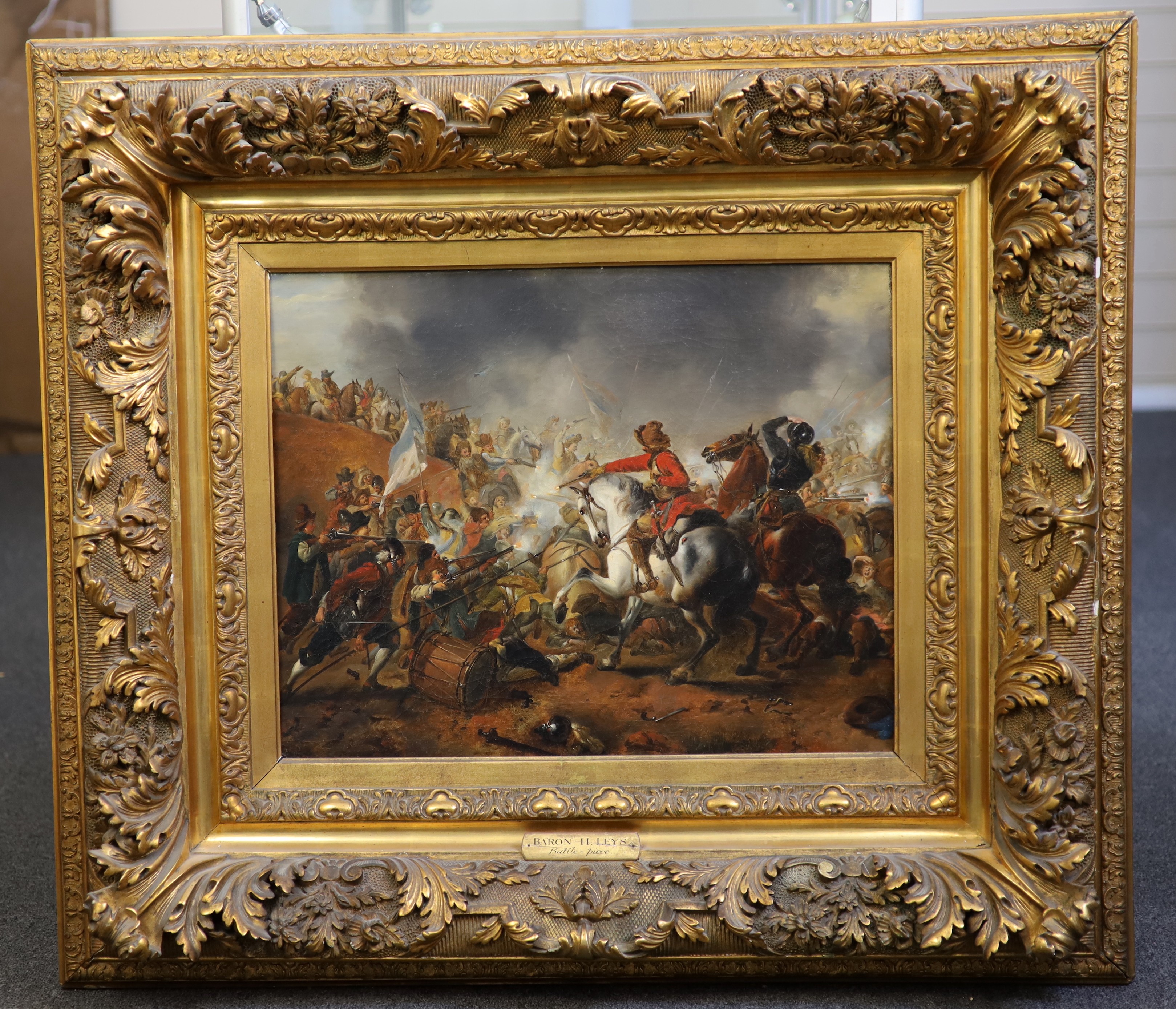 Attributed to Baron Hendrik Leys (Dutch, 1815-1869), A Cavalry Skirmish, oil on canvas, 43 x 54.5cm